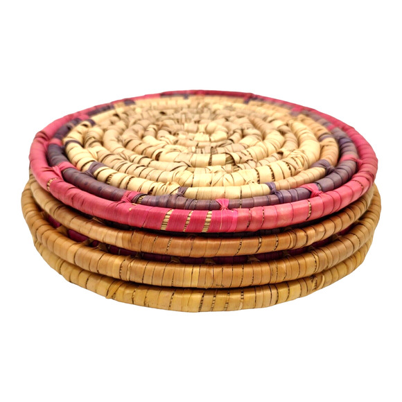 4 Handcrafted Vintage African Coil Basket Woven Wicker Rattan Trivets Wall Decor - Picture 6 of 16